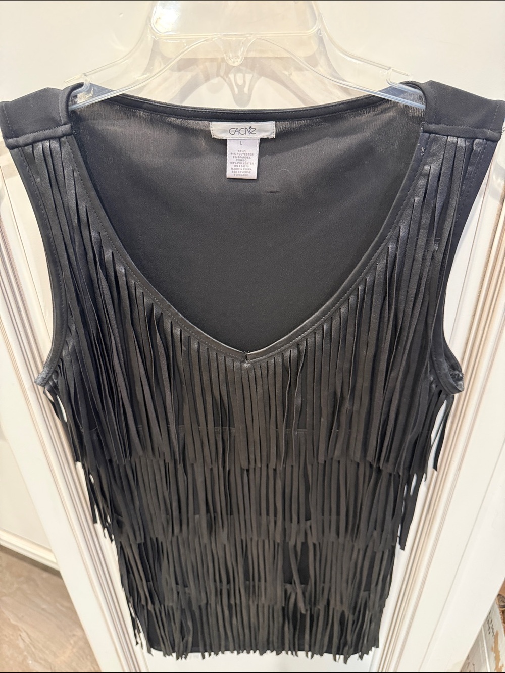 Cache Black Sleeveless Fringe V-Neck Top